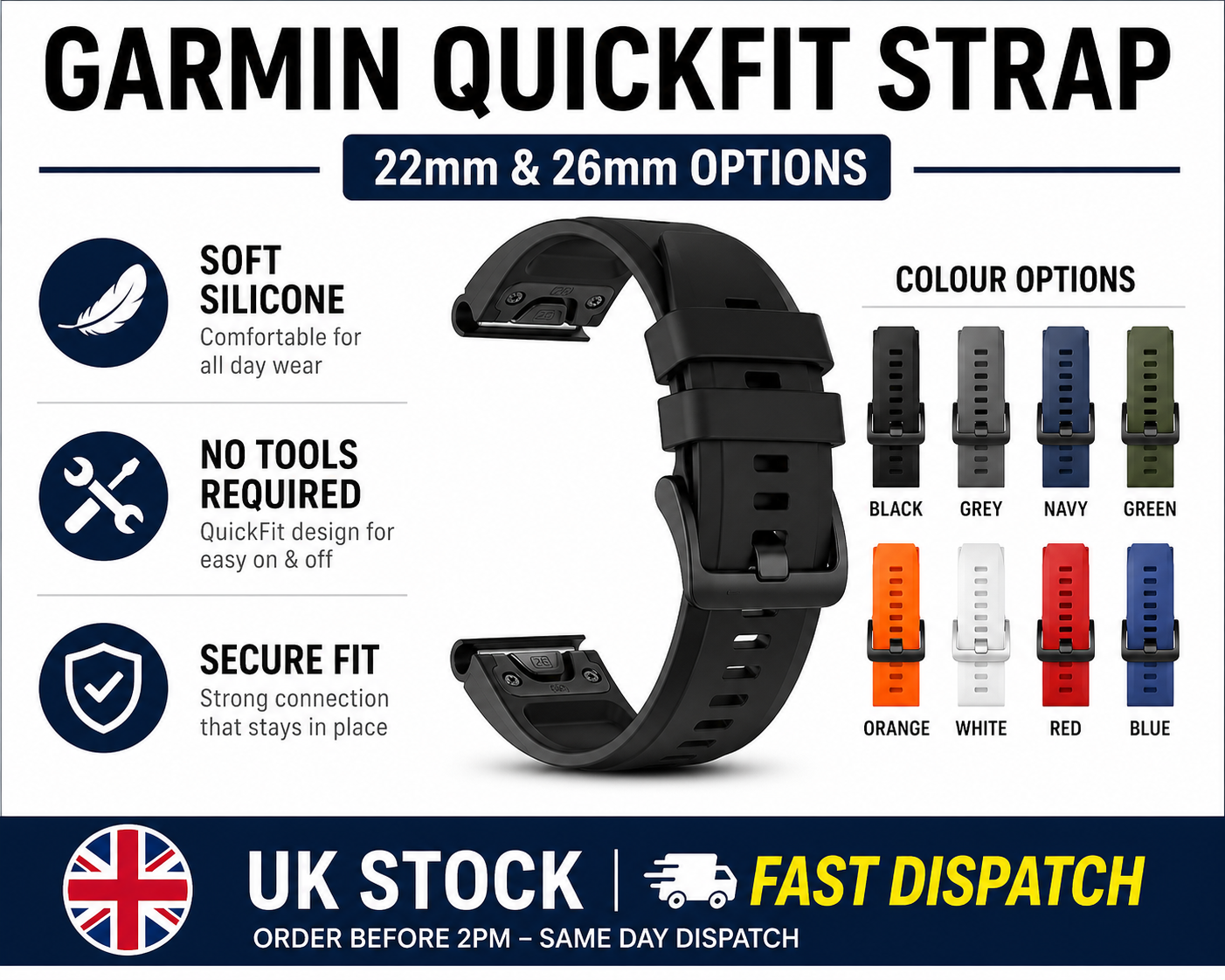 Premium Soft Silicone Garmin Fenix Strap QuickFit 22mm / 26mm – Ultra Comfort - product image 2