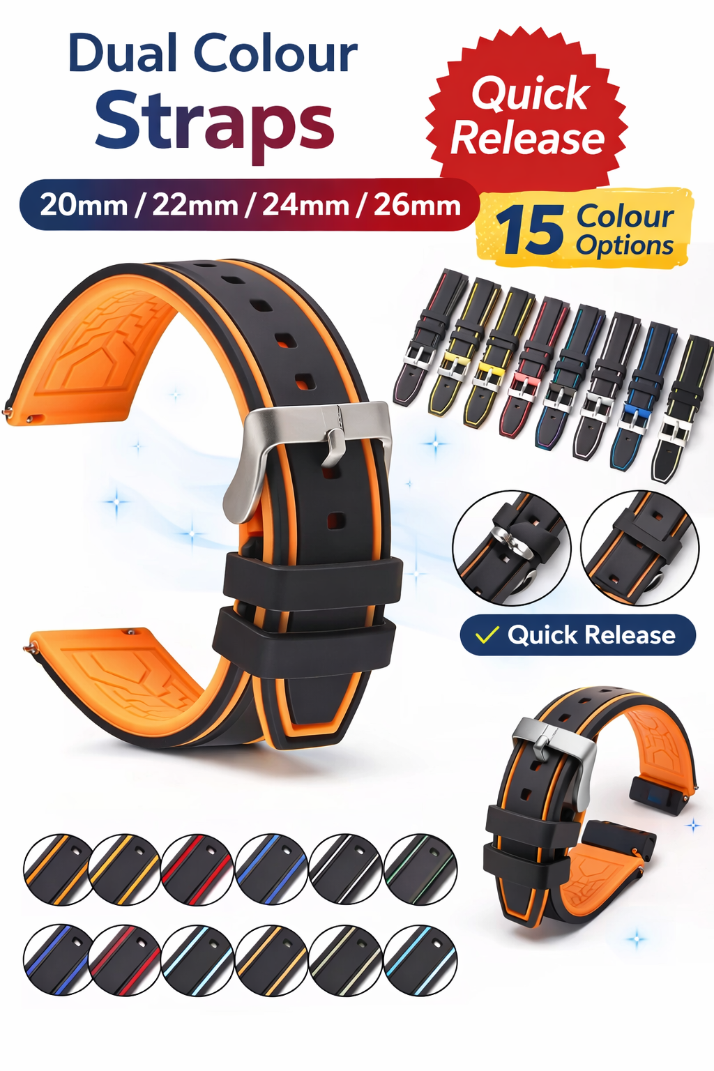 20mm 22mm 24mm 26mm Watch Strap Band Premium Silicone Rubber Sport Dual Colour - product image 1