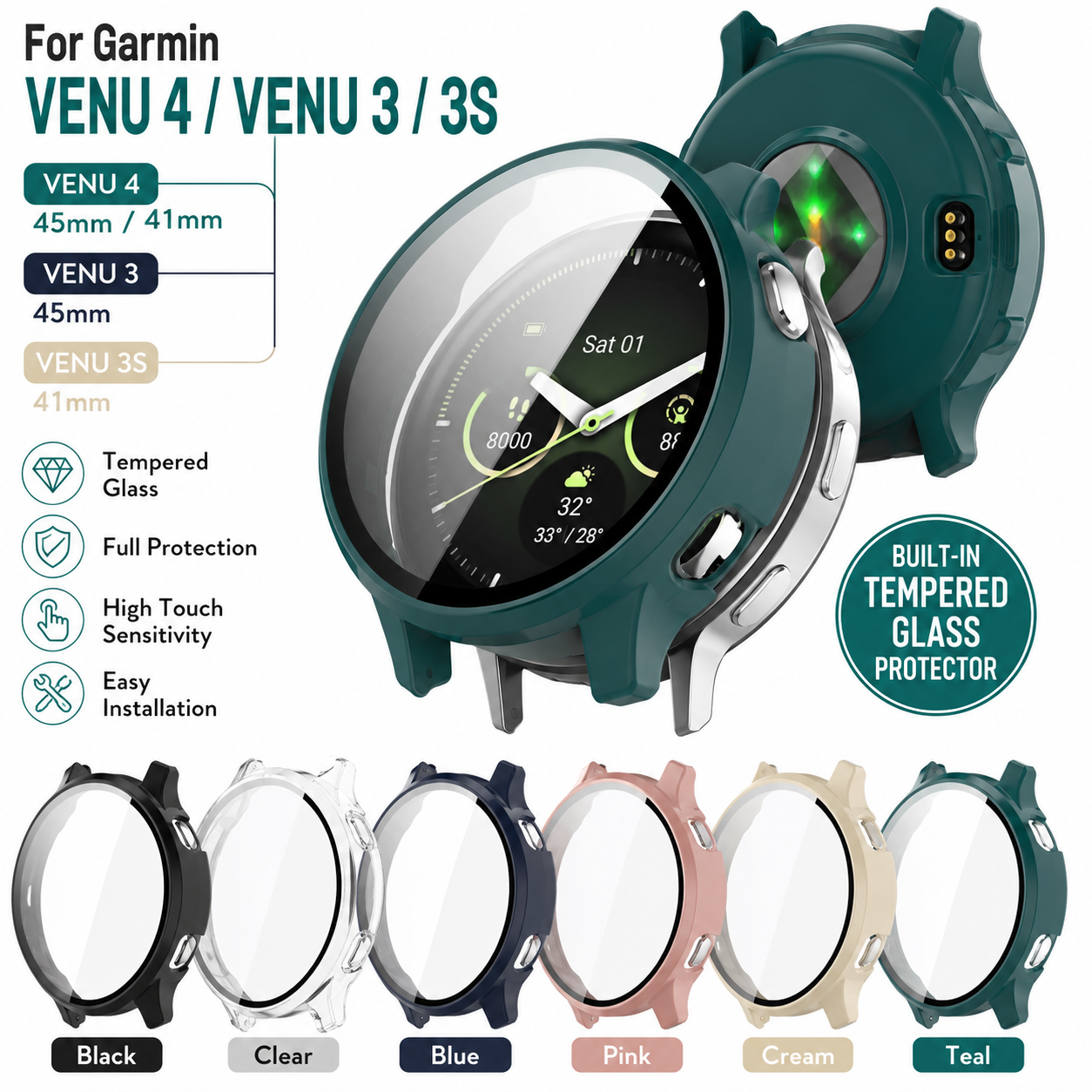 Case for Garmin Venu 4 / 3 41mm / 45mm Hard PC with Tempered Glass Screen Protector - product image 4